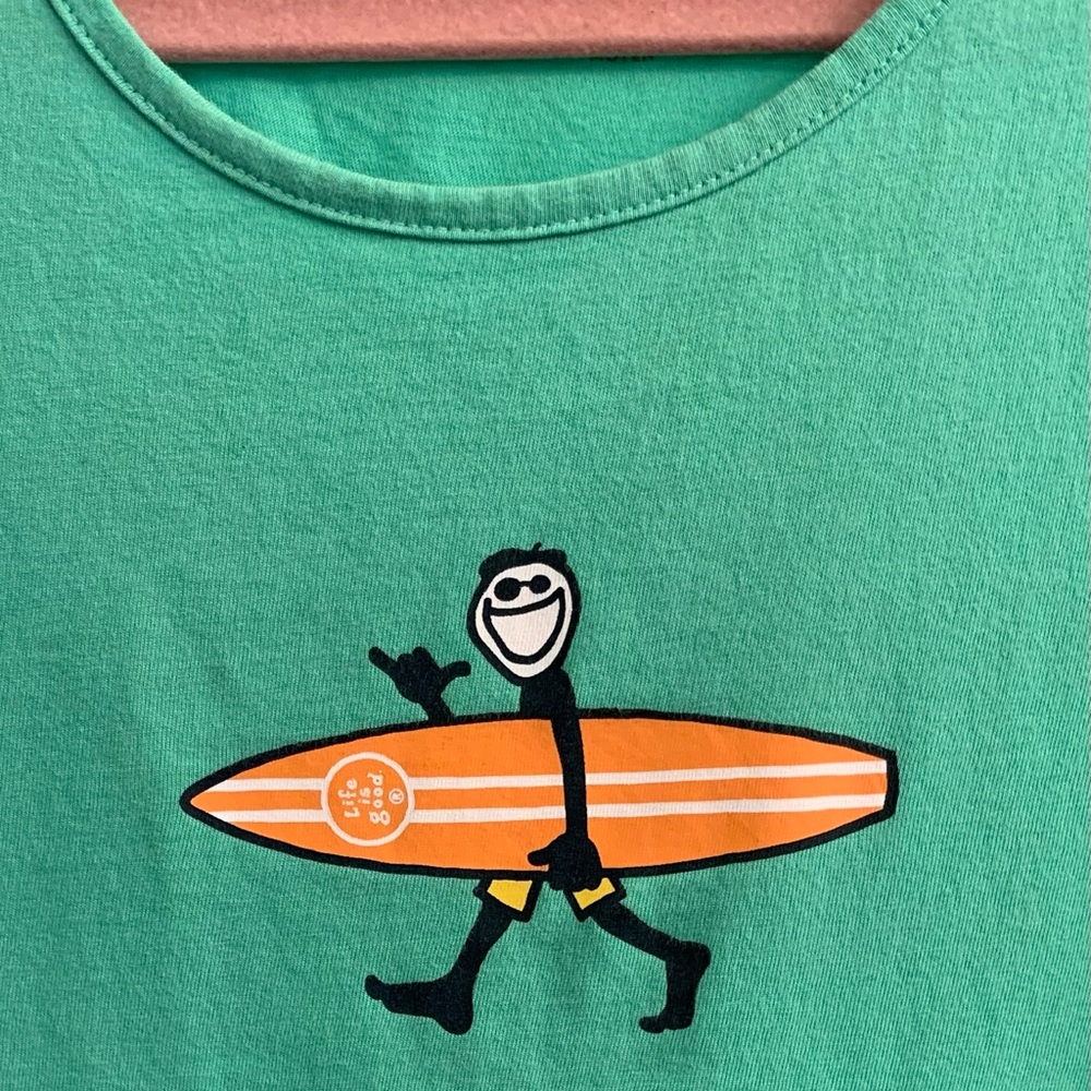 Life Is Good Green Tank Top with “Jake” and Orange Surfboard Graphic
